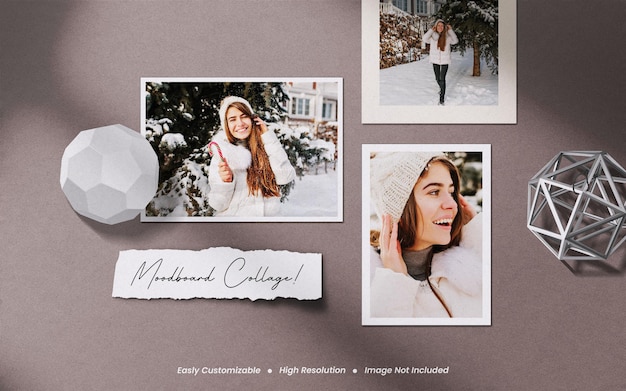 Realistic minimalist and modern moodboard polaroid photo paper frame mockup with shadow overlay