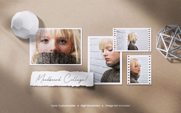 Realistic and minimalist moodboard polaroid torn photo paper frame mockup with shadow overlay