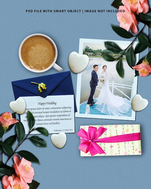 Social media post wedding photo paper frame moodboard mockup premium psd