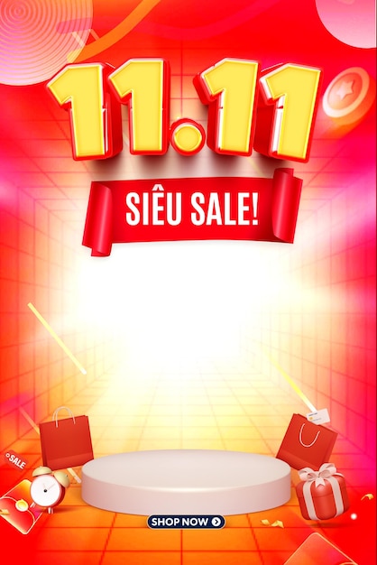 Super sale november 11 design with 3d numbers on podium and gift box on red background