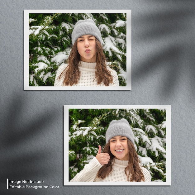 Twin landscape paper frame photo mockup with shadow