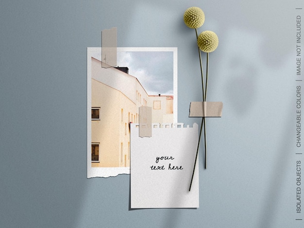 Wall moodboard mockup with taped torn paper photo card and flower collage set