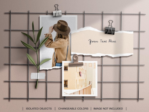 Wall moodboard mockup with torn paper photo