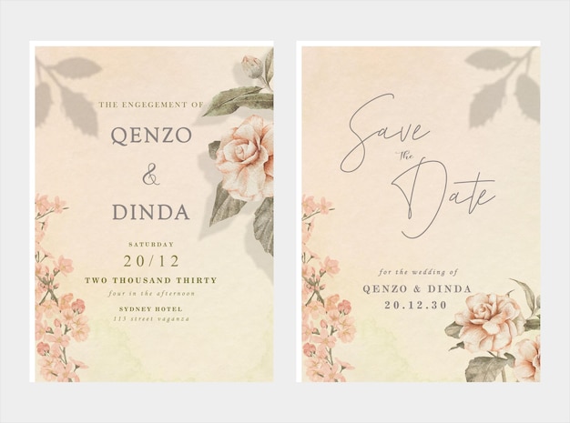 Wedding invitation card template set with white rose bouquet wreath leave watercolor painting psd