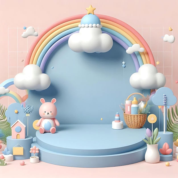 3d rendering podium baby cute product 3d cloud kid children display banner room toy design blue 3