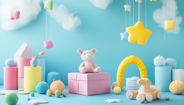 A baby toy is sitting on a box with the word  baby  on it