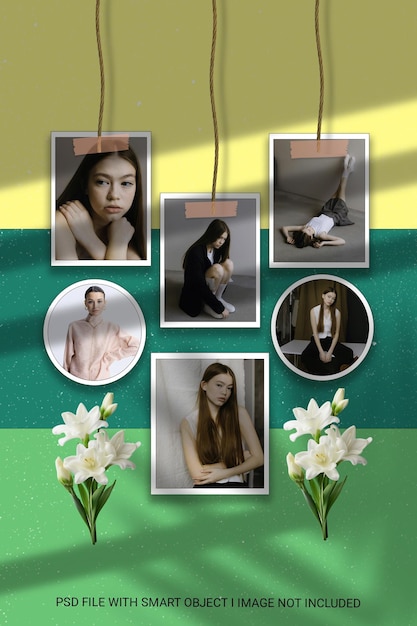 A collage of photos with a woman in the middle with flowers in the background