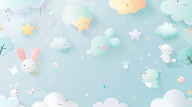 A cute background with pastelcolored elements including adorable cartoon animals whimsical clouds and playful shapes all set against a soft baby blue sky perfect for childrens themes or