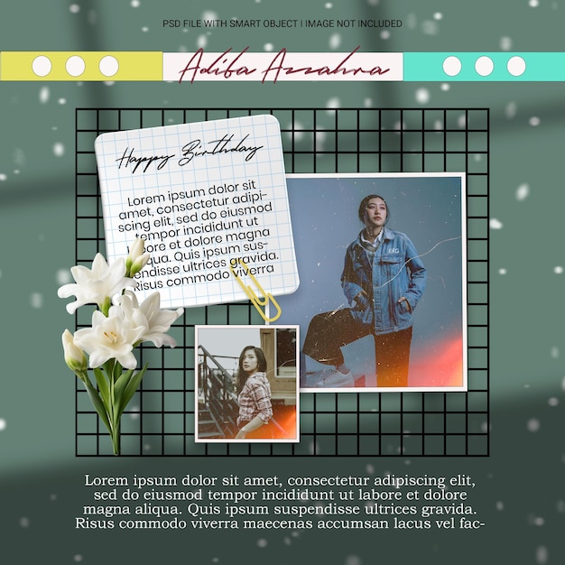 A poster for a birthday celebration with a man in a blue jacket and a picture