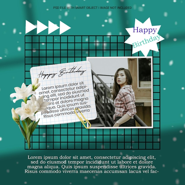 A poster for a birthday party with a girl in a striped shirt