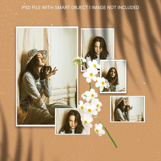 A poster with pictures of people with a picture of a woman with a flower in the middle