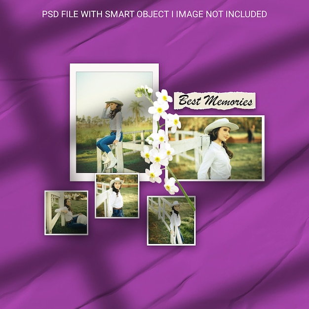 A purple background with photos and pictures of a woman and a man with a hat on it