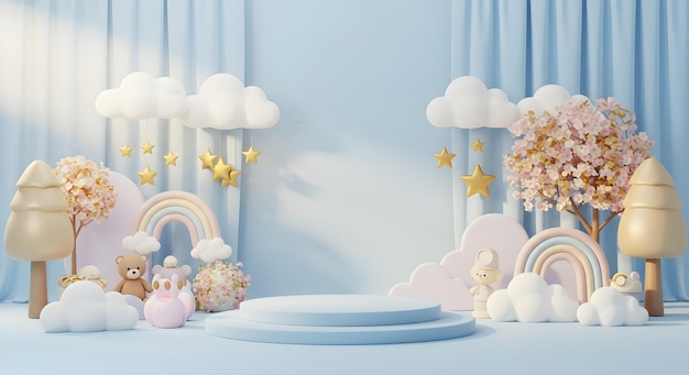 Adorable baby shower scene with clouds rainbows and teddy bears