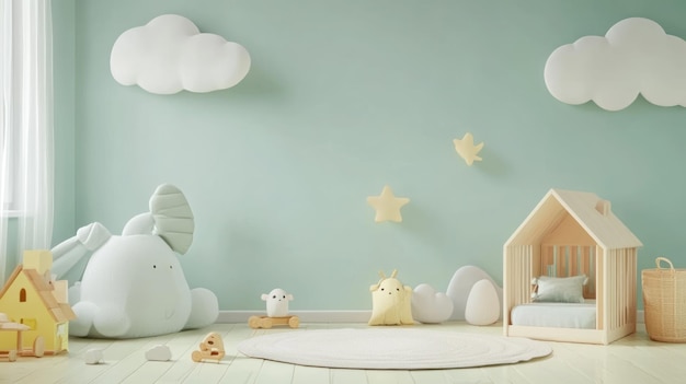 Adorable babys room interior design with pastel colors and playful decor