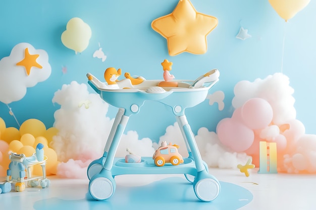 Baby walker with toys and clouds on a blue background