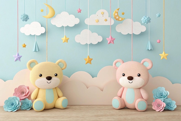 Babythemed backdrop with pastel teddy bears hanging clouds and delicate stars teddy