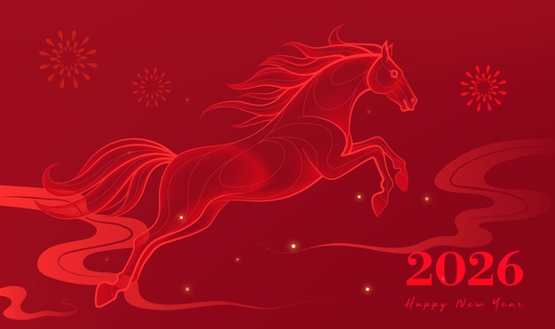 Banner chúc mừng năm mới, minh họa năm Ngựa dạng xếp lớp, nền đỏ