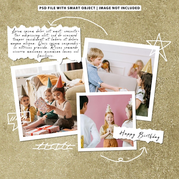 Birthday photo frame set mockup with hand drawn ornaments premium psd