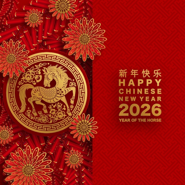 Chúc mừng năm mới âm lịch 2026, năm con Ngựa, theo phong cách cắt giấy trên nền màu