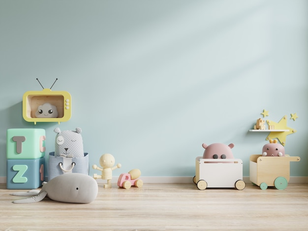 Children’s room toys in blue wall background.