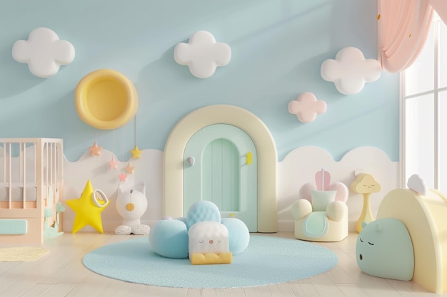 Create a clean airy 3d design for an infant baby daycare ad featuring soft pastel colors