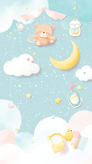Cute baby banner with cartoon clouds stars and moon