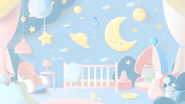 Cute cartoon nursery with clouds stars and moon ideal for baby room decor or greeting card