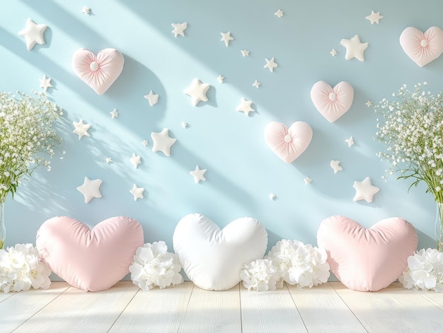 Cute childrens backdrop with heartshaped pillows and flowers