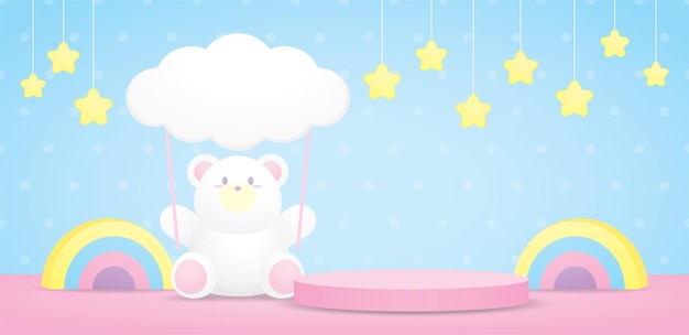 Cute kawaii white bear is holding cloud sign with pink display podium and colorful rainbow