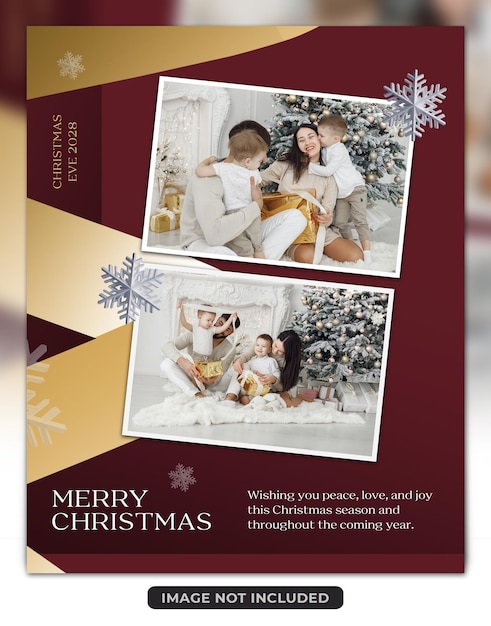 Festive christmas family photo collage card with gold and maroon accents