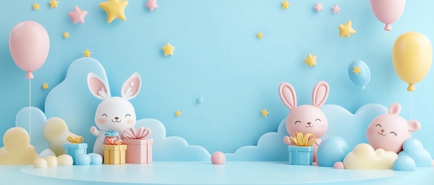 Happy bunny friends celebrate with gifts and balloons