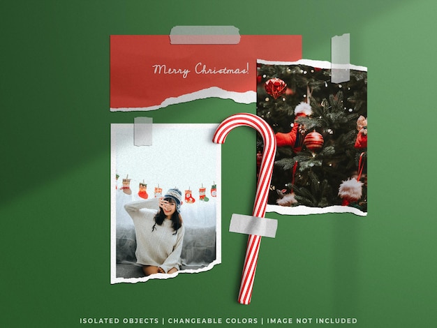 Holiday mockup christmas wall moodboard ripped torn paper photo frame card collage set isolate