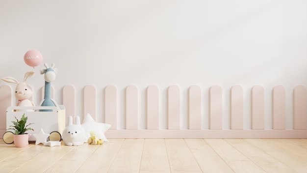 Mockup wall in the children’s room with stroller in light white color wall background,3d rendering