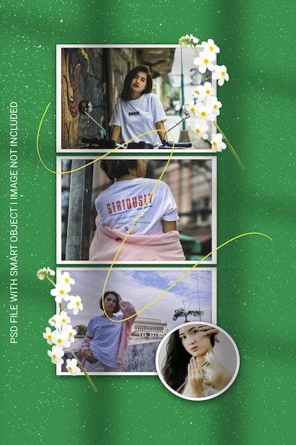 Modern minimalist shadow overlay photo frame polaroid mockup with texture and flower premium psd