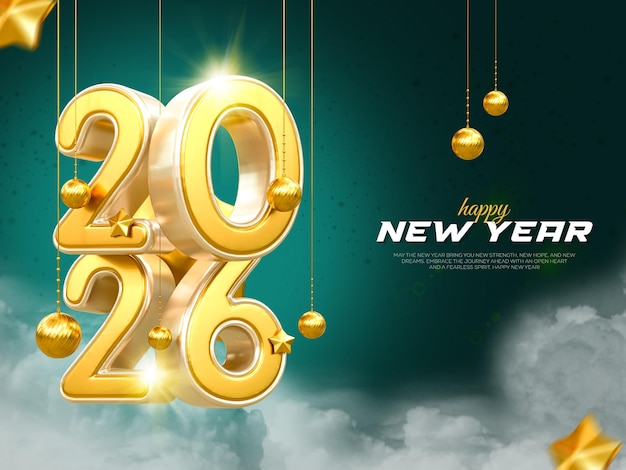 Áp phích chào năm mới với hình ngôi sao và đám mây ở phía sau.