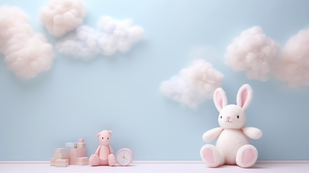 Pastel baby background in soft light blue and pink colors with rabbit bunny