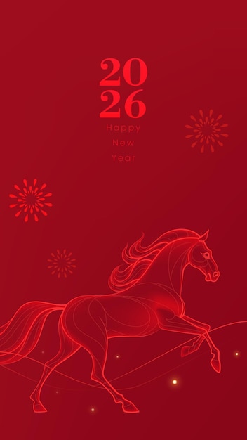 Poster chúc mừng năm mới nền đỏ với minh họa năm Ngựa dạng xếp lớp.