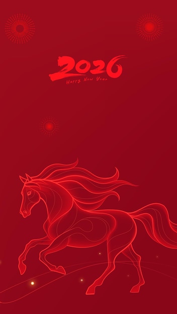 Poster chúc mừng năm mới nền đỏ với minh họa năm Ngựa dạng xếp lớp.