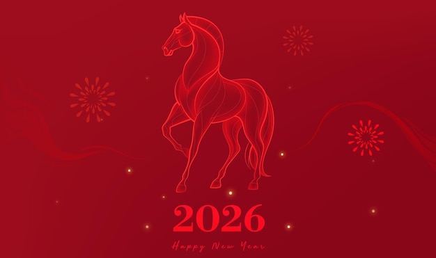 Poster chúc mừng năm mới với nền đỏ và minh họa năm Ngựa