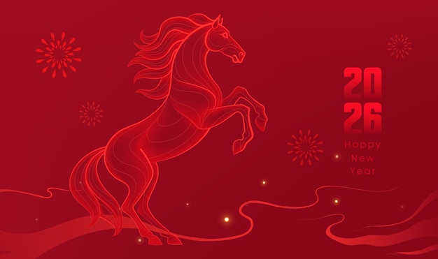 Poster chúc mừng năm mới với nền đỏ và minh họa năm Ngựa
