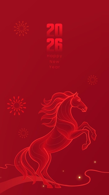 Poster chúc mừng năm mới với nền đỏ và minh họa năm Ngựa