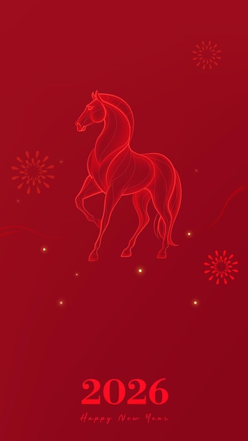 Poster chào mừng năm mới nền đỏ với minh họa năm Ngựa dạng xếp lớp.