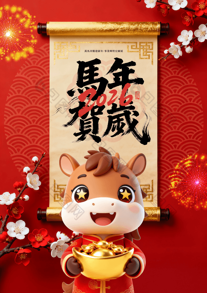 Poster Tết Nguyên đán 2026 Hình Con Ngựa Mận Mùa đông Cuộn 3D