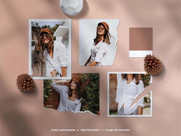 Realistic minimalist and modern moodboard polaroid photo paper frame mockup with shadow overlay