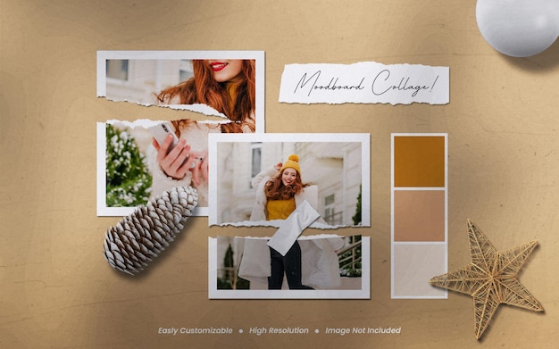 Realistic minimalist moodboard polaroid torn photo paper frame mockup with shadow overlay