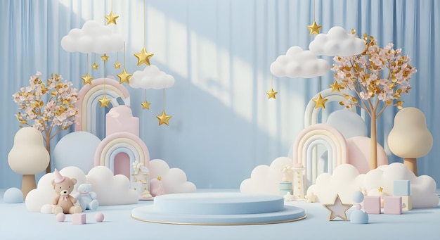 Sweet baby shower podium display with clouds rainbows and stars