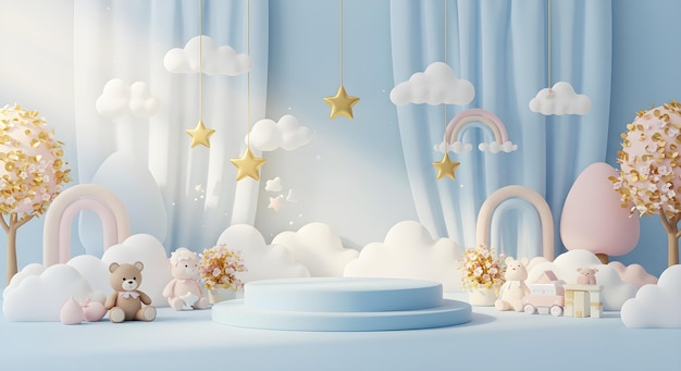 Sweet nursery room with clouds rainbows and teddy bears