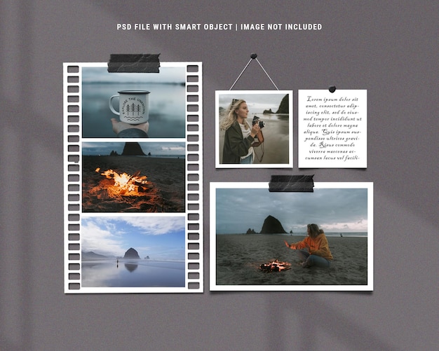 Travel photo frame set moodboard mockup with ink splatter premium psd