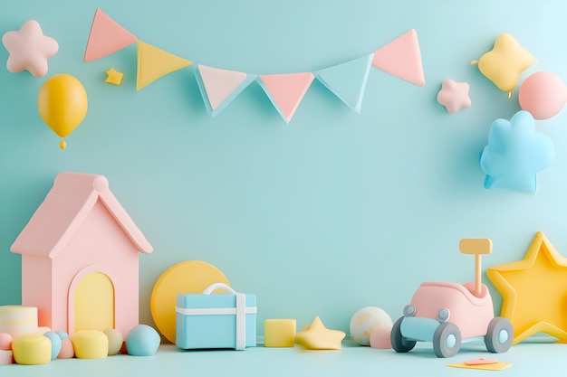 Whimsical childrens day banner design with playful colorful elements and blank call to action label