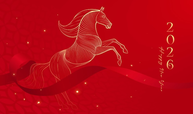 Banner chào mừng năm mới màu đỏ với minh họa năm Ngựa dạng xếp lớp.